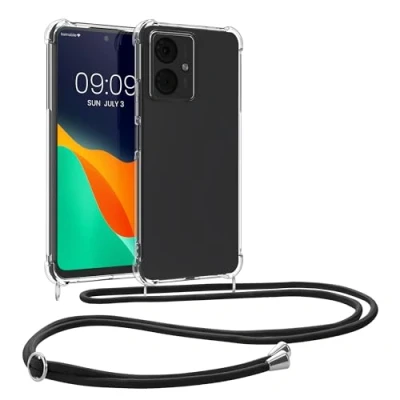 Abbildung von kwmobile Necklace Case kompatibel mit Motorola Moto G14 Hülle Silikon Cover Handykette Band Handyhülle Schwarz Transparent