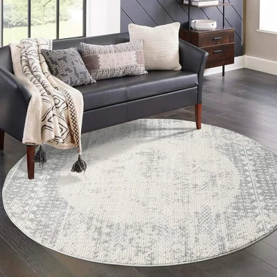 Abbildung von carpet city Teppich Wohnzimmer Grau 200 cm Rund Klassisch Modern Vintage, Bordüre Teppiche Kurzflor Schlafzimmer, Esszimmer