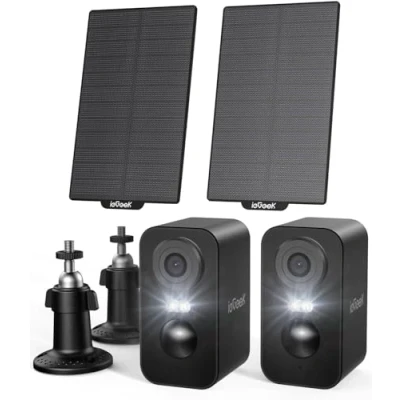 Abbildung von ieGeek 2K (Type C) Überwachungskamera Aussen Akku Kabellose mit Solarplatten, 5200mAh Kamera Überwachung WLAN, PIR Bewegungserkennung, 2 Wege Audio, Alexa Kamera, Schwarz, 2Pcs, IP65