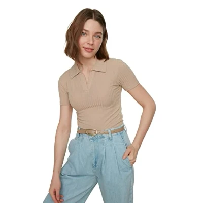 Abbildung von TRENDYOL Damen Stone Polo Collar Crop Knitted Blouse, Stone, M EU