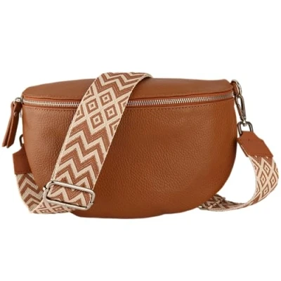 Abbildung von MIRROSI® Bauchtasche Damen, Echtleder, Made in Italy, Umhängetasche, Brusttasche, Crossbody Bag (1 Tasche &amp; 2 Gurte) (Cognac (Bohemian Braun Beige), Mittelgroße (25x16x7cm))