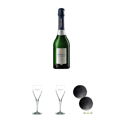 Abbildung von Geldermann Carte Blanche Flaschengärung Trocken Deutschland 0,75 Liter + Gläser 1 Stück Schiefer Glasuntersetzer RUND ca. 2 x 9,5 cm Durchmesser
