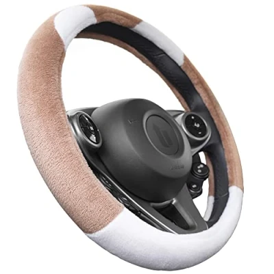 Abbildung von Upgrade4cars Lenkradbezug Teddy Plüsch Braun Weiß Winter Lenkradschutz in Universal Größe 37 39 cm Fell Lenkradhülle Warm &amp; Weich