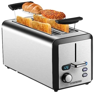 Abbildung von STEINBORG Toaster SB 2211, 2 lange Schlitze, für 4 Scheiben, 1500 W, Edelstahl Gehäuse,Brötchenaufsatz,Krümelschublade,LED Display
