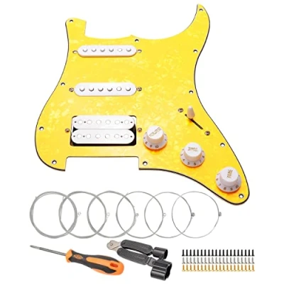 Abbildung von Unxuey SSH Vorverdrahtetes Schlagbrett Set, 11 Loch belasteter Gitarren Schlagbrett, Humbucker Tonabnehmer mit Saiten und Reparaturwerkzeug, für Fender Stratocaster E Gitarre