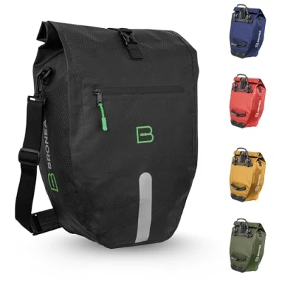 Abbildung von Bronea Fahrradtasche 2in1 Gepäckträgertasche Fahrrad XXL 28 Liter SCHWARZ abnehmbar (Fahrradtasche für Gepäckträger hinten, Wasserdicht &amp; Reflektierend Laptoptasche), Innovatives verstellbares Click System alle