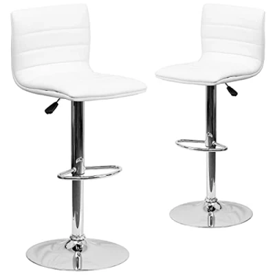 Abbildung von Flash Furniture Vincent Moderner Barhocker aus Vinyl, verstellbar, mit Rückenlehne, Thekenhöhe, Drehhocker Chrom Sockel, 2 Stück