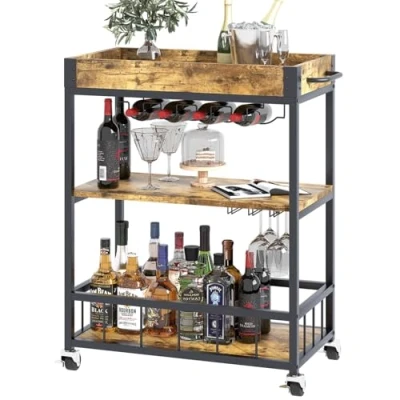 Abbildung von Huhote Servierwagen, Küchenwagen, Barwagen mit Rollen, Weinwagen Flaschenhalter, 3 Etagen, Getränkewagen für Wohnzimmer, Esszimmer, Küche, Bar, Party, Braun Holzmaserung