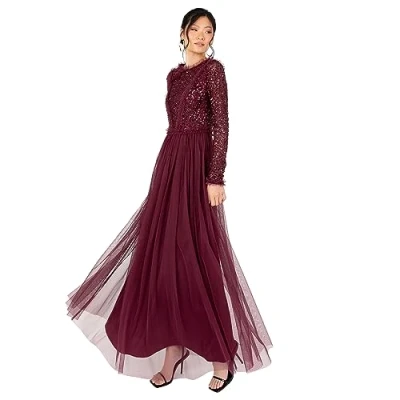 Abbildung von Women&#039;s Maxi Dress Ladies Crew Neck Long Sleeve Sequin Embellished Tulle Ruffle for Wedding Guest Bridesmaid Ball Gown, Red Berry, 42