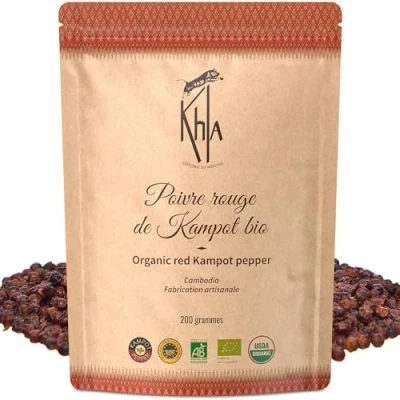 Abbildung von Khla Kampot Pfeffer Rot Bio 200g Roter Pfefferkörner Ganz Biologisch Grand Cru, Süß &amp; Fruchtig Zutat Küchen Direkt vom Erzeuger Rote Körner Ganze für Mühle Aus Kambodscha