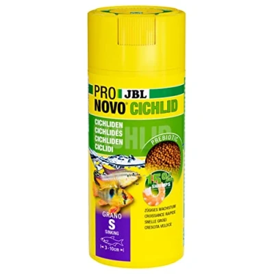 Abbildung von JBL PRONOVO CICHLID GRANO, Hauptfutter für kleine Buntbarsche von 3 10 cm, Klickdosierer, Fischfutter Granulat, Größe S, 250 ml