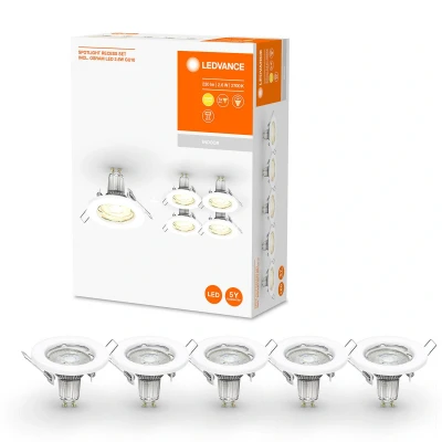 Abbildung von Ledvance Spot Einbauleuchten im 5er Pack, inkl. 5x GU10 OSRAM Leuchtmittel (5x 2.6W), weiß, metallisches Gehäuse, IP20 Schutz