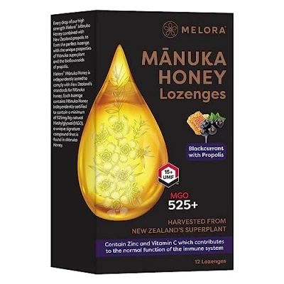Abbildung von Melora Manuka Honig Lutschtabletten 525+ MGO UMF 15 mit Propolis Natürlich beruhigend zur Linderung bei Halsschmerzen und Stärkung des Immunsystems Blaubeere &amp; Pfefferminz