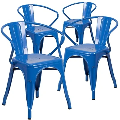 Abbildung von Flash Furniture Roy Stuhl mit Armlehnen, kommerzielle Qualität, Metall, für drinnen und draußen, Blau, 4 Stück