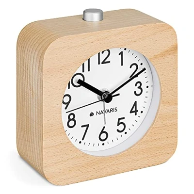 Abbildung von Navaris Reisewecker Retro Holzwecker mit Snooze Leise Tischuhr ohne Ticken