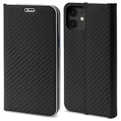 Abbildung von Moozy Hülle für iPhone 12, 12 Pro, Schwarz Carbon Metallischer Kantenschutz Klapphülle Handyhülle mit Kartenfach und Standfunktion