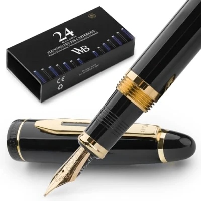 Abbildung von Wordsworth &amp; Black Majesti Füllfederhalter (Schwarzgold), Luxus Etui, Mittlere Feder 24 Tintenpatronen, nachfüllbarer Tintenkonverter Bestes Business für Männer Frauen