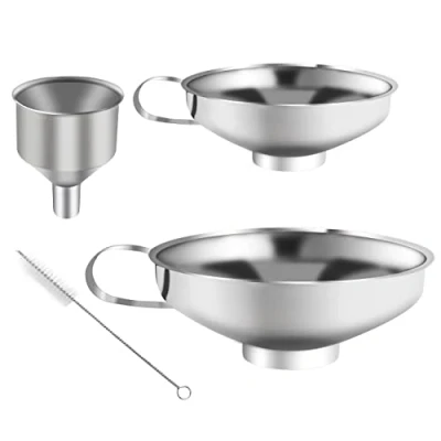 Abbildung von 4 Stück Trichter Edelstahl Set, Marmeladentrichter, Einmachtrichter aus Edelstahl, Einfülltrichter mit Griff, zum Umfüllen von Gewürzen, Flüssigkeiten, Pulver, Bohnen, Konfitüre (3 Größen, 1 Bürste)