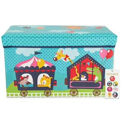 Abbildung von Bieco Spielzeugtruhe Aufbewahrungsbox mit Deckel 60L, faltbar ca. 60x30x35cm Spielzeugkiste Kinder Kisten Groß Wickeltisch Organizer Zirkus
