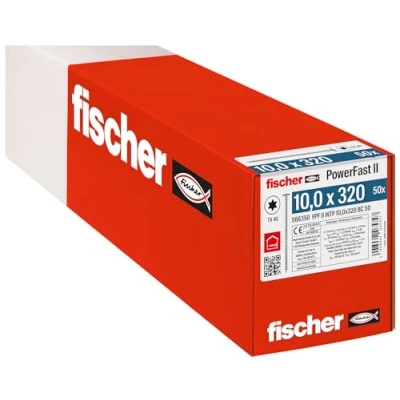 Abbildung von fischer PowerFast II WTP 10,0 x 320, kraftvolle Holzbauschraube mit Tellerkopf, Innenstern Aufnahme und Teilgewinde, für den konstruktiven Holzbau, 50 Stk.