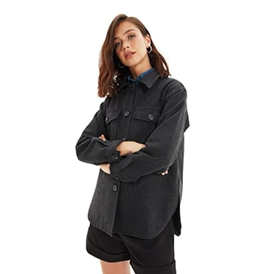 Abbildung von Trendyol Damen Oversize Standard Plain Webstoff Jacke Coat, Schwarz, 34 EU