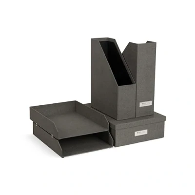 Abbildung von Bigso Box of Sweden HOLGER 5 teiliges Schreibtisch Set Ordnungssystem mit 2 Stehsammlern, Briefablagen und einer Organizer aus Faserplatte Papier in Leinenoptik grau