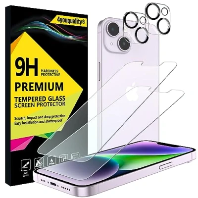 Abbildung von 4youquality [4 in 1 Displayschutzfolie für iPhone 14 mit Kameraobjektivschutz, Panzerglasfolie, je 2 Stück, [LifetimeSupport][Stoßfest][Anti Kratzen][Ultra Transparent]