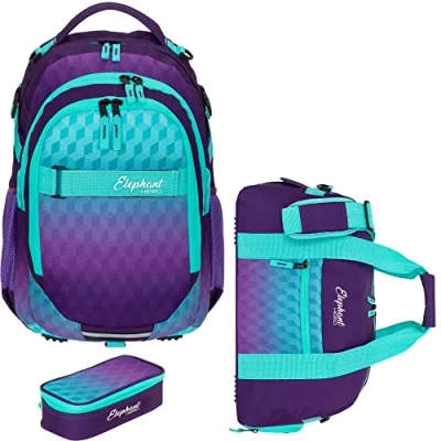 Abbildung von Elephant 3 Teile Set Schulrucksack Jungen Mädchen Signature Hero 2 Schultasche Laptopfach Rucksack + Sporttasche Mäppchen Box (Violet Cube 12868 (Türkis Lila))