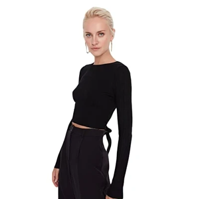Abbildung von TRENDYOL Damen Einfarbiger Pullover mit Rundhalsausschnitt Sweatshirt, Schwarz, M EU