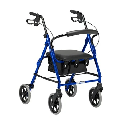 Abbildung von Days leichter, zusammenklappbarer Radrollator, auf vier Rädern, Gehhilfe mit Gepolstertem Sitz, Ergonomischen Griffen, Tragetasche und feststellbaren Bremsen, Mobilitätshilfen, kleine Größe, Blau