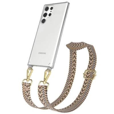 Abbildung von EAZY CASE Handykette Verstellbares Taschenband kompatibel mit Samsung Galaxy S22 Ultra, Schulterriemen, Handykordel Silikon Hülle, Umhängetasche, Hell Braun/Braun Endstücke Gold