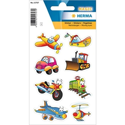 Abbildung von HERMA 15707 Aufkleber Fahrzeuge Auto klein, 8 Stück, Wackelaugen Sticker mit lustigen Schiff Flugzeug Motorrad Zug Hubschrauber Motiv, Kinder Etiketten für Fotoalbum Scrapbooking Geburtstag Deko
