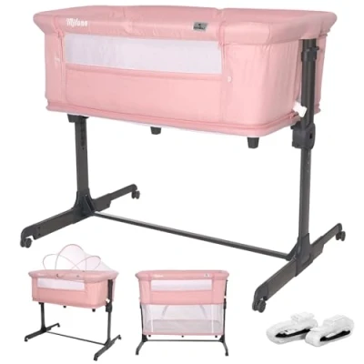 Abbildung von Lorelli Baby Beistellbett Milano 2 in 1, Reisebett, Babybett, Stubenwagen mit faltbaren Seitenwand, höhenverstellbare Babywiege Matratze, faltbar, Zustellbett, Rollen, 0 6 Monate, rosa