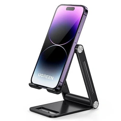 Abbildung von UGREEN Handy Ständer Verstellbar Aluminium Handyständer für Tisch Handyhalterung Handyhalter Schreibtisch kompatibel mit iPhone 15 14 13 Pro Max, Galaxy S23 Ultra S23+, Huawei bis 7,9 Zoll (Schwarz)