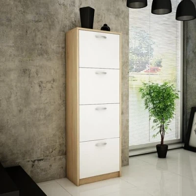 Abbildung von Schuhschrank mit 4 aufklappbaren Schubladen, Schuhregal Fächern weiche abgerundete Kanten, 50 cm breit, laminierte Platte, matte Oberfläche, platzsparende Schuhaufbewahrung sonoma weiß