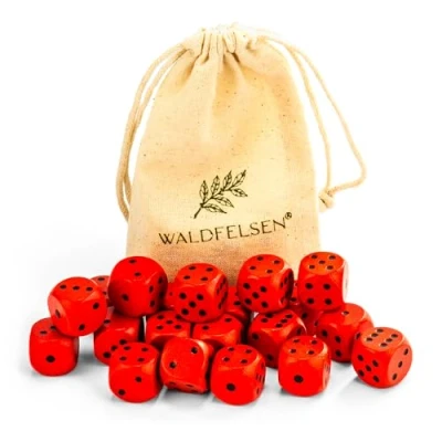 Abbildung von Waldfelsen 6, 12, 20, 30 oder 50 hochqualitative Holzwürfel aus echtem Buchenholz Augenwürfel Spielwürfel Holz in 16 mm Standardwürfel mit Stoffbeutel Würfelset (Rot, 20 Stück)