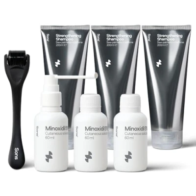 Abbildung von Sons Minoxidil 5%, stärkendes Shampoo und Dermaroller, Topische Lösung &amp; DHT blockierendes für männlichen Haarausfall Ausdünnung, Haarpflege dickes starkes Nachwachsen 3 Monate