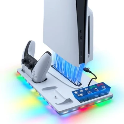 Abbildung von Tolesum Vertikale Standfuß mit Kühlung für PS5/PS5 Slim, Dual Controller Ladestation Ständer 3 Stufen Lüfter/RGB Licht PS5 UHD&amp; Digital /PS5 Slim Disc &amp;