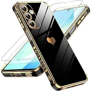 Abbildung von LeYi Handyhülle für Samsung Galaxy A16 5G Hülle mit 2*Schutzfolie, Cute Herz Muster TPU Silikon Galvanik Stoßfest Schutzhülle Cover Case, Kameraschutz Kratzfest A 16 4G/5G Schwarz
