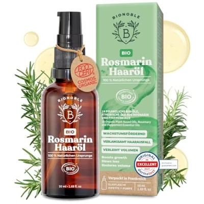 Abbildung von BIONOBLE Rosmarinöl Haare Bio Fördert Haarwachstum &amp; Verlangsamt Haarausfall Mit Rizinusöl Haaröl Rosmarin Rosemary Oil for Hair Growth Glasflasche, Pipette + Pumpe 50 ml