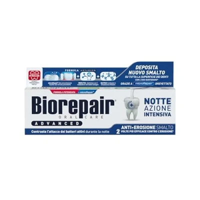 Abbildung von Biorepair, Advanced Zahnpasta für die Nacht, intensiv gegen Erosion, 12 Packungen à 75 ml, schützt und repariert den Zahnschmelz, antibakteriell, mit MicroRepair, Zink PCA Xylitol einen