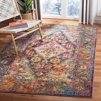 Abbildung von SAFAVIEH Boho Teppich für Wohnzimmer, Esszimmer, Schlafzimmer Crystal Collection, Kurzer Flor, Marineblau und Hellblau, 91 X 152 cm