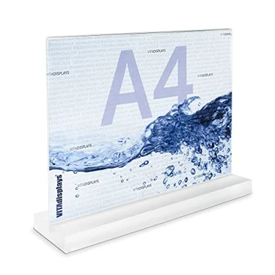 Abbildung von 2 Stück VITAdisplays DIN A4 Werbeaufsteller im Querformat mit massiver, satinierter PLEXIGLAS Basis, T Ständer, Aufsteller als Tischaufsteller