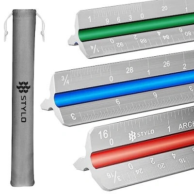 Abbildung von Stylo Architekten Maßstabslineal aus Aluminium, 30,5 cm, lasergeätztes dreieckiges Zeichenlineal mit Farbe imperiales architektonisches für Blaupausen (Grau, Imperiale Einheiten)