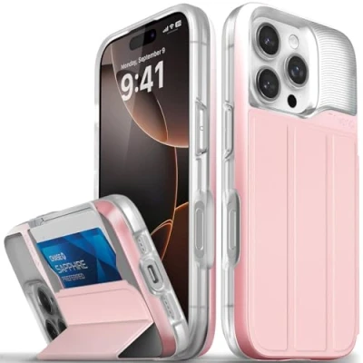 Abbildung von VENA vCommute Schutzhülle für iPhone 16 Pro, Fallschutz in Militärqualität, Klapphülle, Leder, Kartenhalter mit Ständer, Pastellrosa