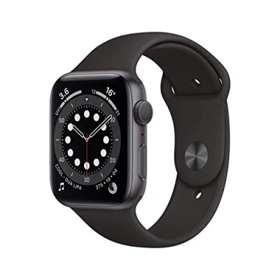 Abbildung von Apple Watch Series 6 (GPS, 44MM) Aluminiumgehäuse Space Grau mit Schwarz Sportarmband (Generalüberholt)