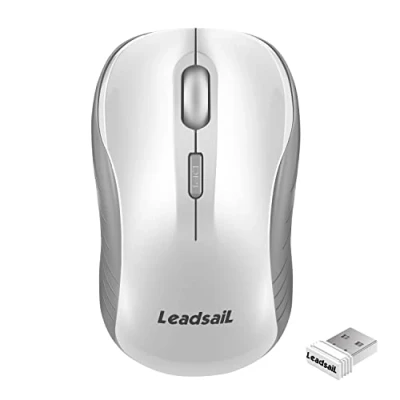 Abbildung von LeadsaiL Maus Kabellos, 2.4G Wireless Leise mit USB Empfänger, 1600 DPI Optical Tracking, 4 Tasten Mäuse, Für Links und Rechtshänder, Kompatibel PC, Mac, Laptop, Windows Weiß