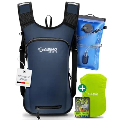 Abbildung von SASMO® Trinkrucksack Fahrrad mit Thermofach Trinkblase 2l, BPA Frei inkl. Helmnetz (Blau Trinkblase)