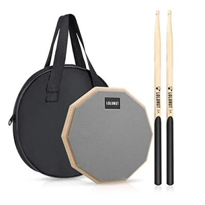 Abbildung von LOLUNUT Dumb Drum Übungspad, 2 seitig, lautloses Übungs Pad, weicher Gummi Holzsockel, Ständer mit Massivholz Trommelstöcken, 20,3 cm, Grau