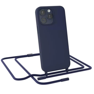 Abbildung von EAZY CASE Handykette kompatibel mit iPhone 15 Pro Max dünne Handyhülle für Hülle Band als Fallschutz Kette zum Umhängen stoßeste Silikon Mikrofaser in Nacht Blau